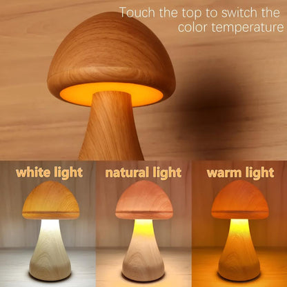 Mushroom Lamp Wood Grain USB-C Rechargeable