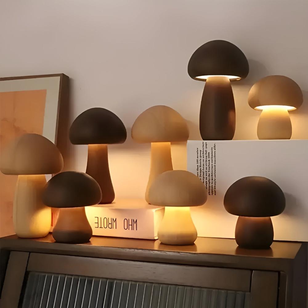 Mushroom Lamp Wood Grain USB-C Rechargeable