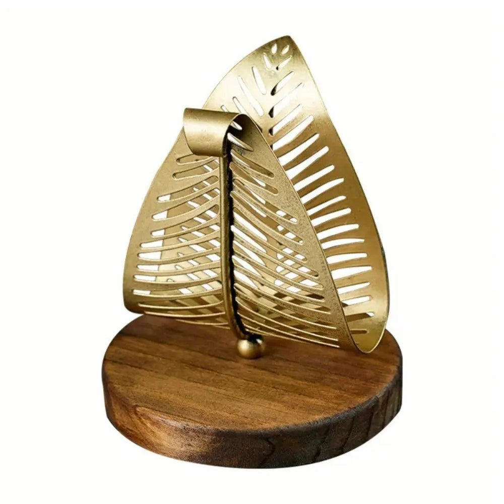 Napkin Holder Leaf-Shaped Gold Iron Frame & Wood Base