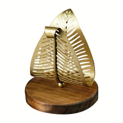 Napkin Holder Leaf-Shaped Gold Iron Frame & Wood Base
