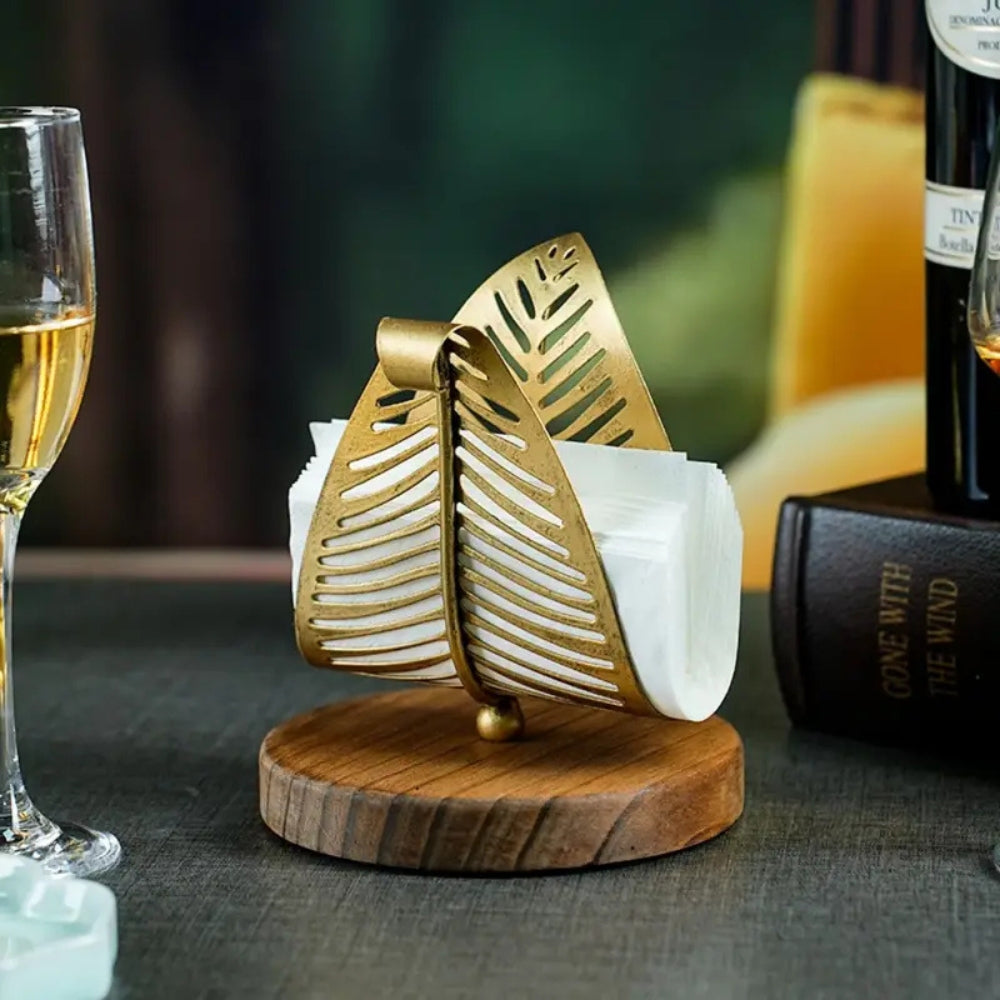 Napkin Holder Leaf-Shaped Gold Iron Frame & Wood Base