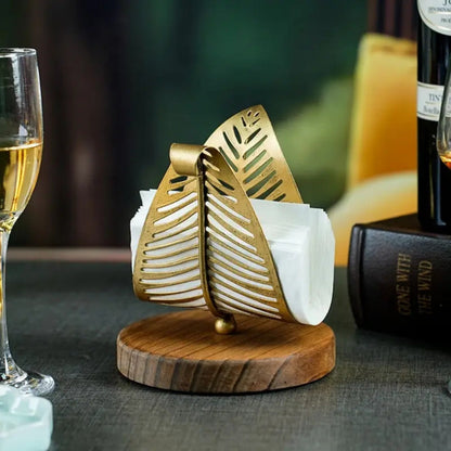 Napkin Holder Leaf-Shaped Gold Iron Frame & Wood Base