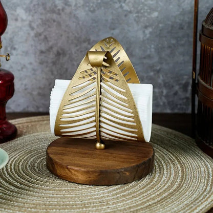 Napkin Holder Leaf-Shaped Gold Iron Frame & Wood Base
