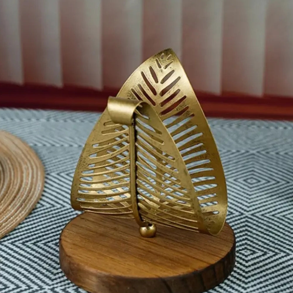 Napkin Holder Leaf-Shaped Gold Iron Frame & Wood Base