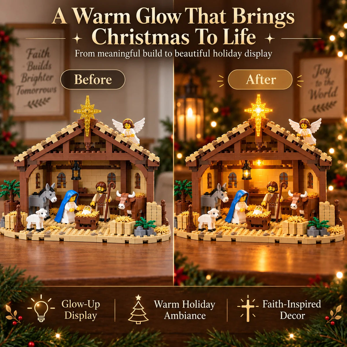 Nativity Building Block Set Illuminated Stable & Bethlehem Star
