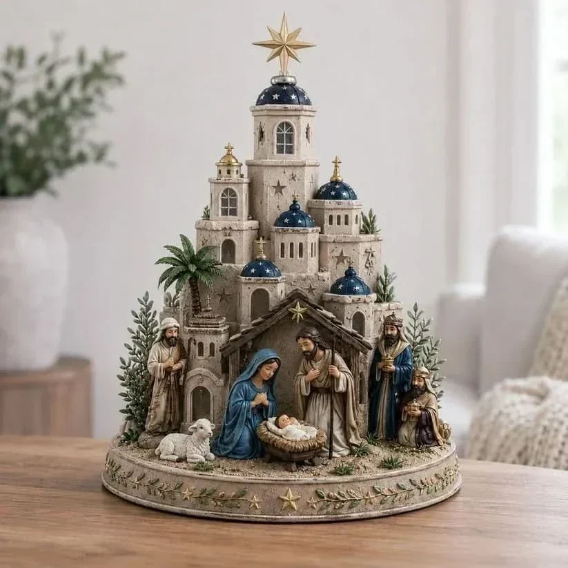 Nativity Tabletop Decoration Illuminated Bethlehem Church Tower