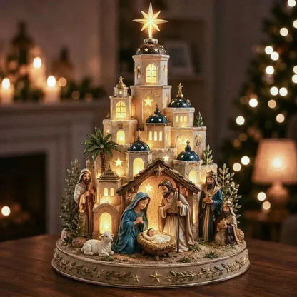 Nativity Tabletop Decoration Illuminated Bethlehem Church Tower