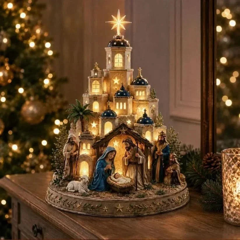 Nativity Tabletop Decoration Illuminated Bethlehem Church Tower