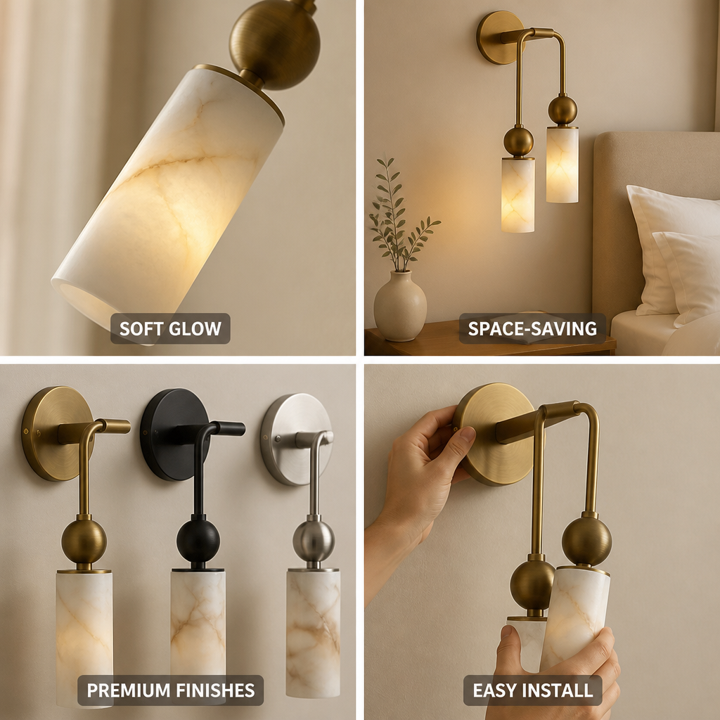 Natural Alabaster & Solid Brass Wall Sconce (Single Or Double Head)