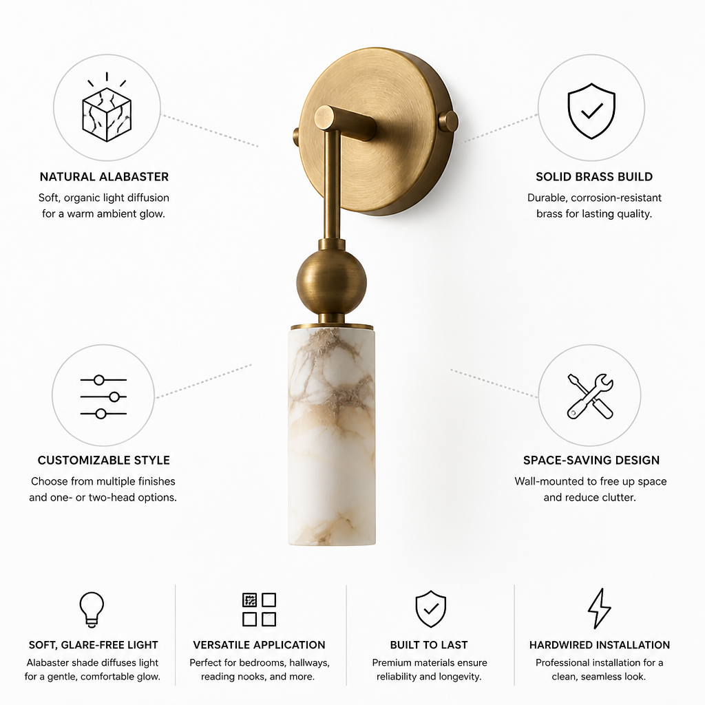 Natural Alabaster & Solid Brass Wall Sconce (Single Or Double Head)