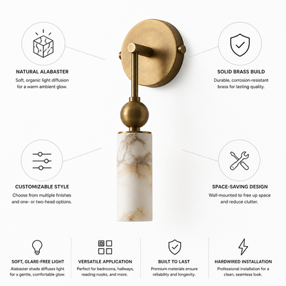Natural Alabaster & Solid Brass Wall Sconce (Single Or Double Head)