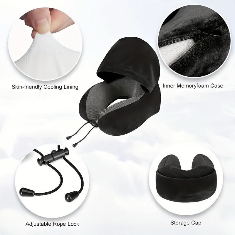 Neck Pillow Ergonomic U-Shaped With Attached Hood