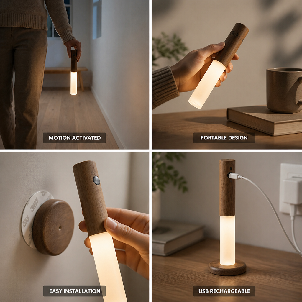Night Light Motion Sensor Detachable & Rechargeable Wood Finish