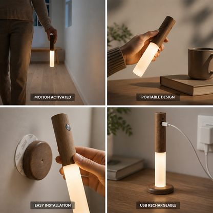 Night Light Motion Sensor Detachable & Rechargeable Wood Finish