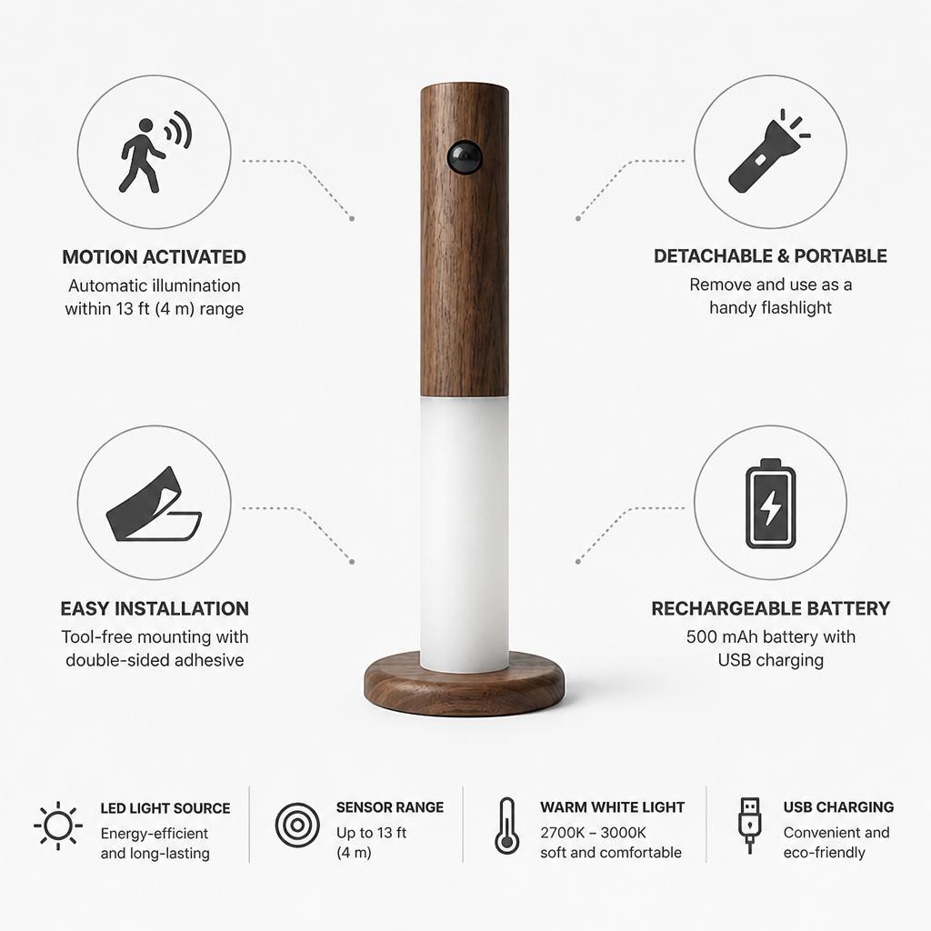 Night Light Motion Sensor Detachable & Rechargeable Wood Finish
