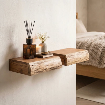Nightstand Set Wall-Mounted Acacia Wood Set of 2