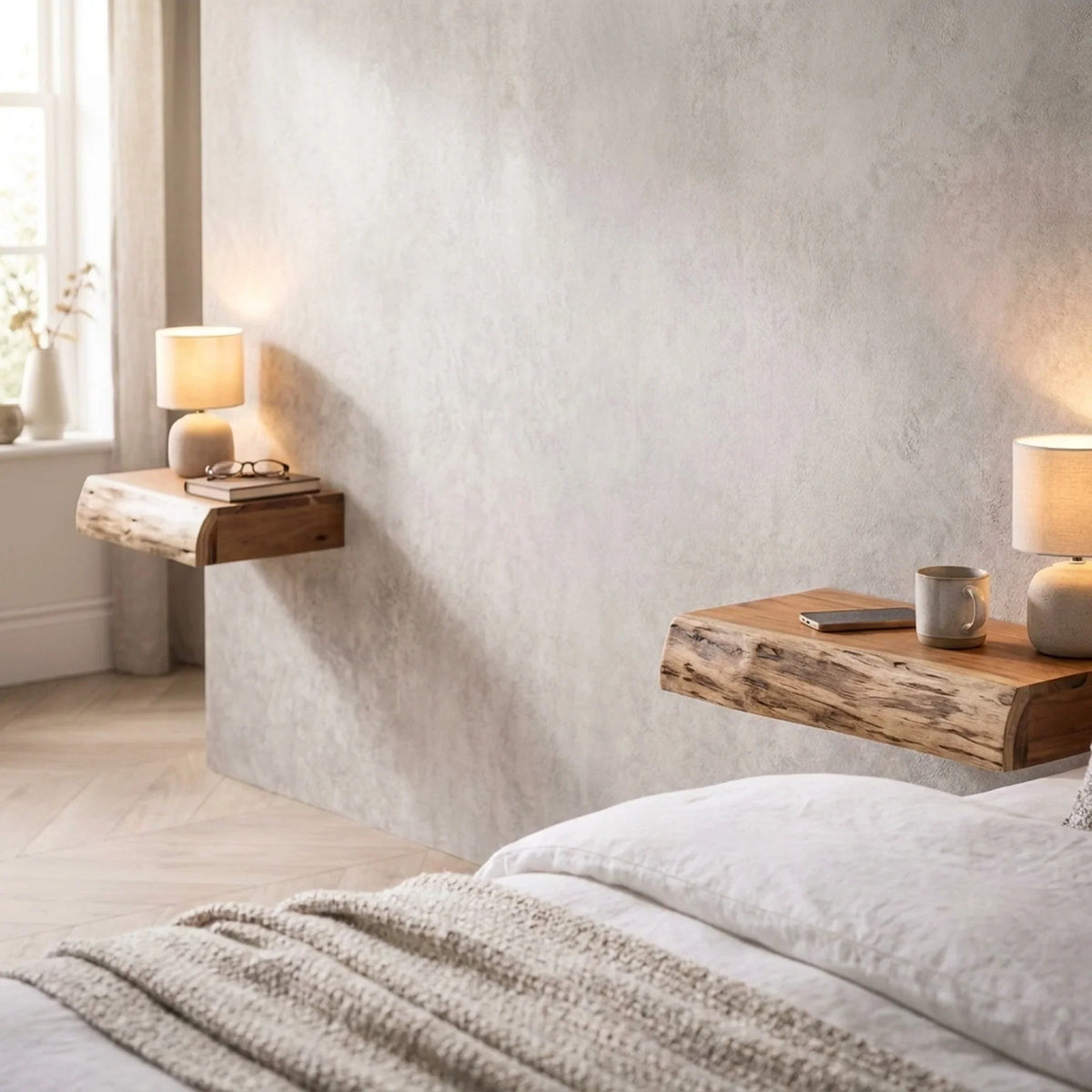 Nightstand Set Wall-Mounted Acacia Wood Set of 2