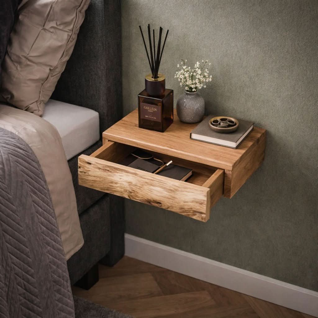 Nightstand Set Wall-Mounted Acacia Wood Set of 2