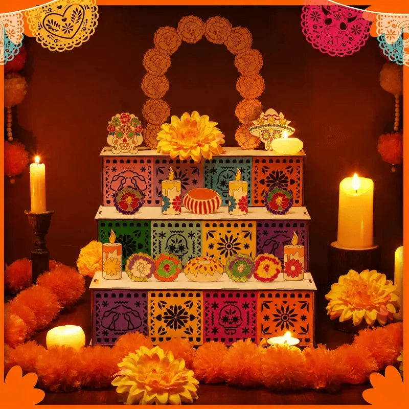 Ofrenda Altar Display Wooden Three-Tier Tabletop Decor
