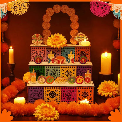 Ofrenda Altar Display Wooden Three-Tier Tabletop Decor