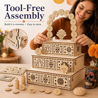 Ofrenda Altar Display Wooden Three-Tier Tabletop Decor