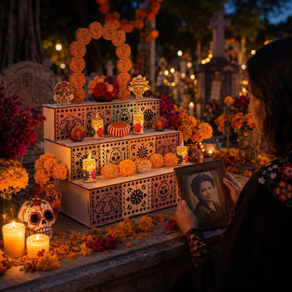 Ofrenda Altar Display Wooden Three-Tier Tabletop Decor