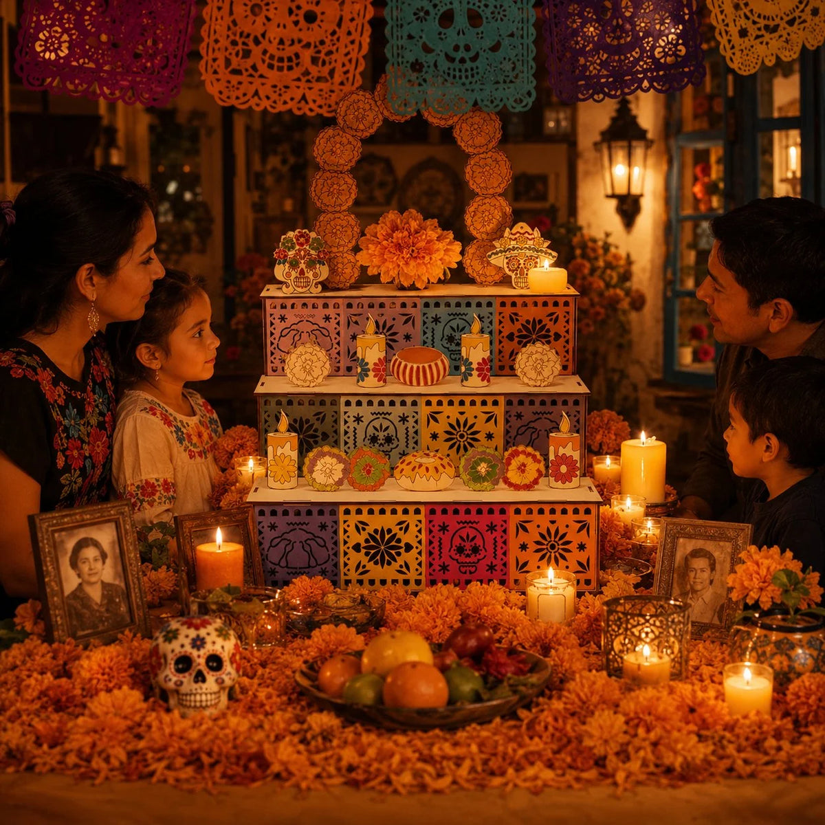 Ofrenda Altar Display Wooden Three-Tier Tabletop Decor