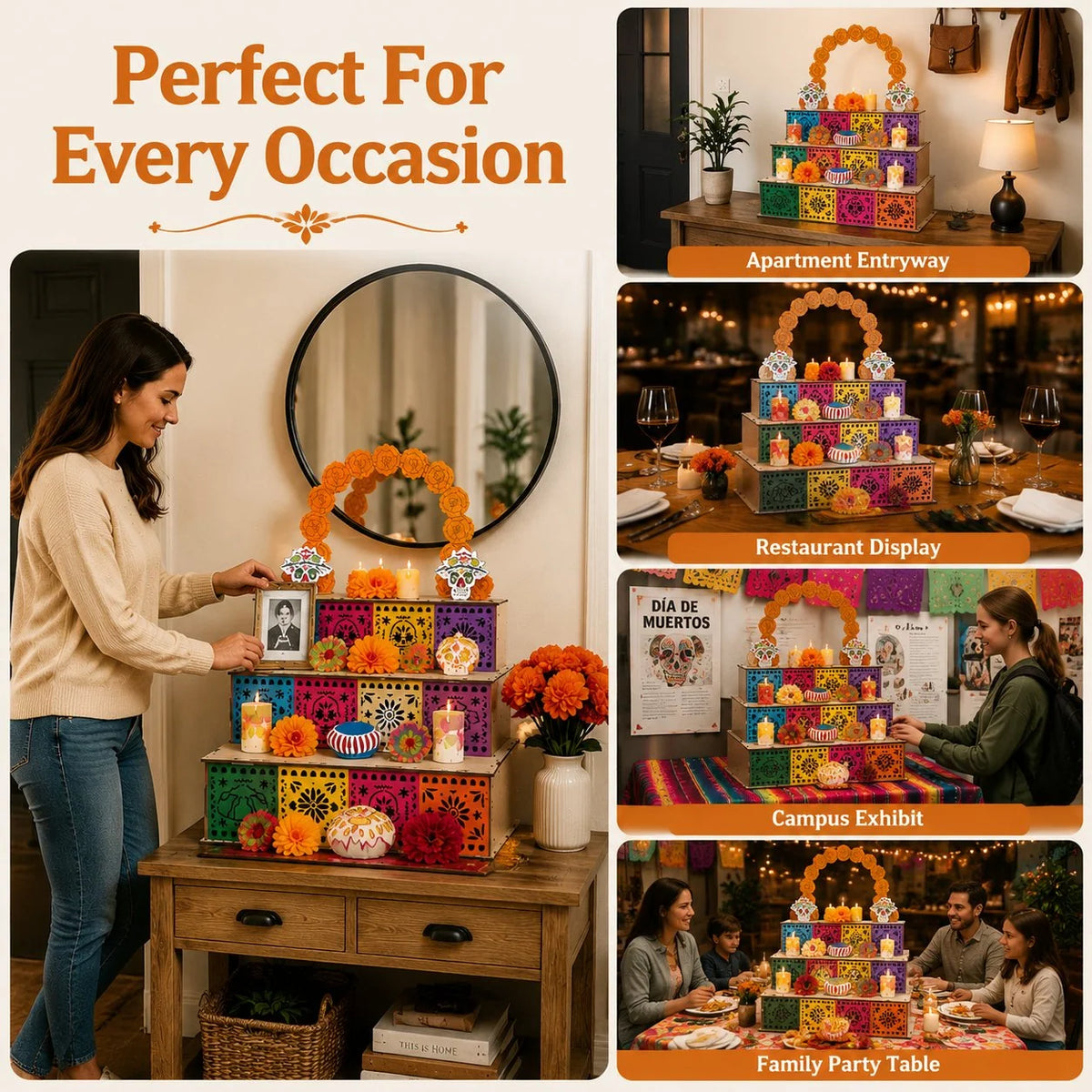 Ofrenda Altar Display Wooden Three-Tier Tabletop Decor