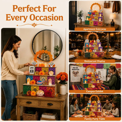 Ofrenda Altar Display Wooden Three-Tier Tabletop Decor