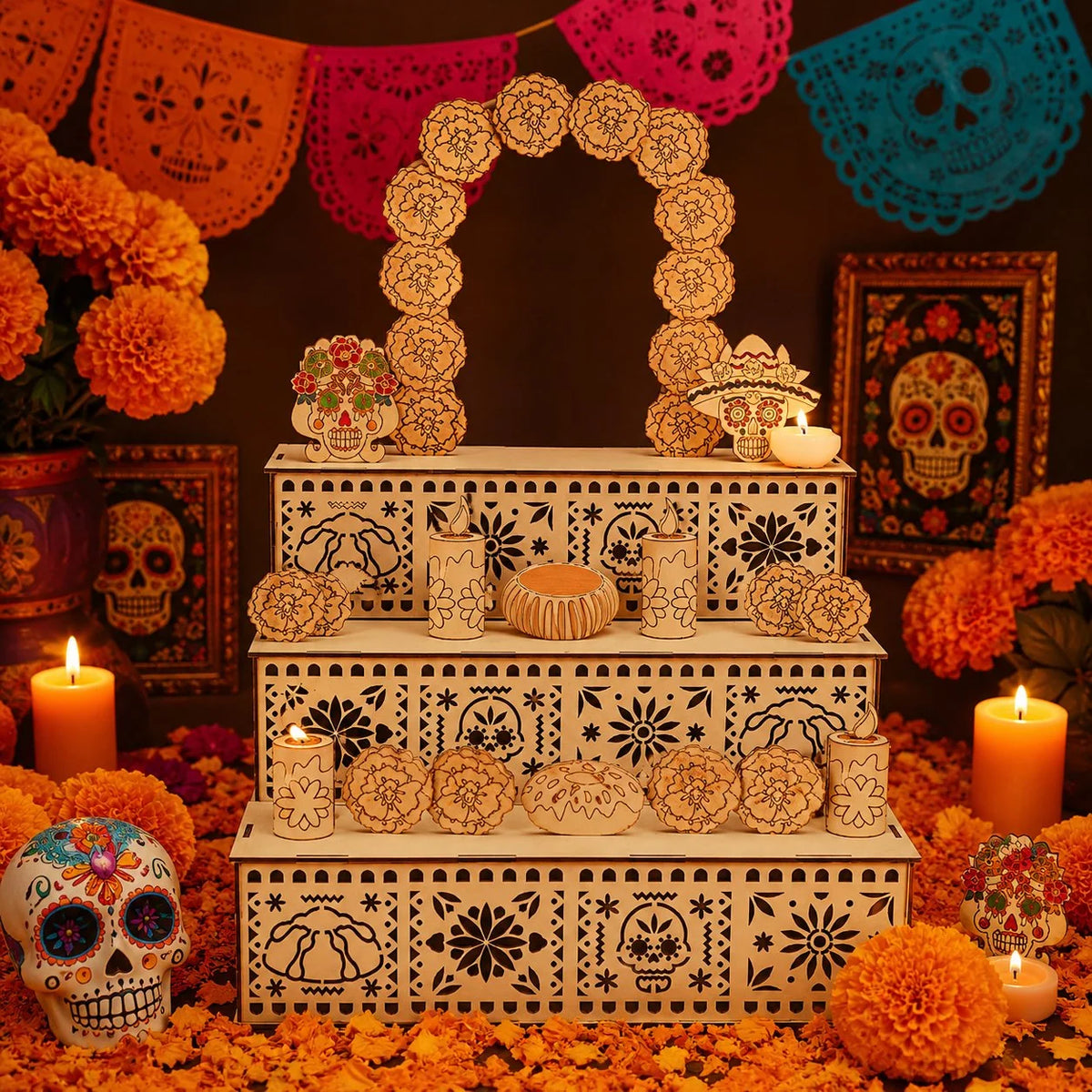 Ofrenda Altar Display Wooden Three-Tier Tabletop Decor