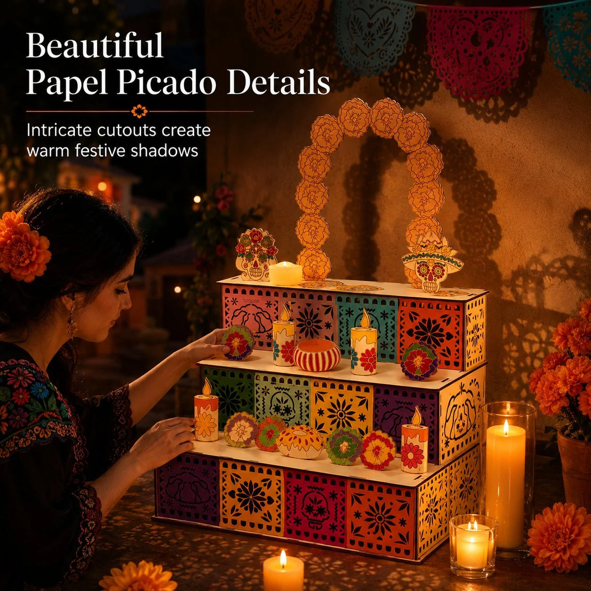 Ofrenda Altar Display Wooden Three-Tier Tabletop Decor