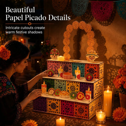Ofrenda Altar Display Wooden Three-Tier Tabletop Decor