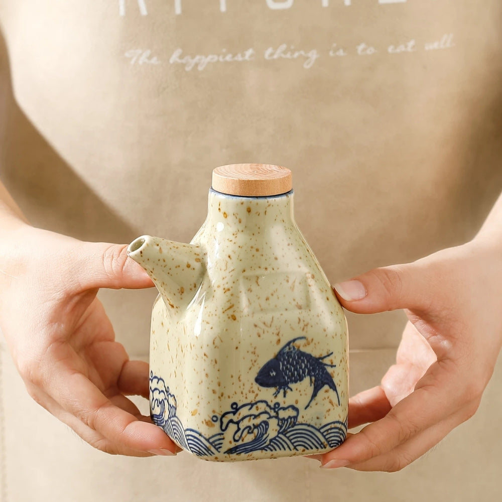 Oil & Sauce Dispenser Hand-Painted Ceramic Drip-Free Spout