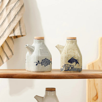 Oil & Sauce Dispenser Hand-Painted Ceramic Drip-Free Spout