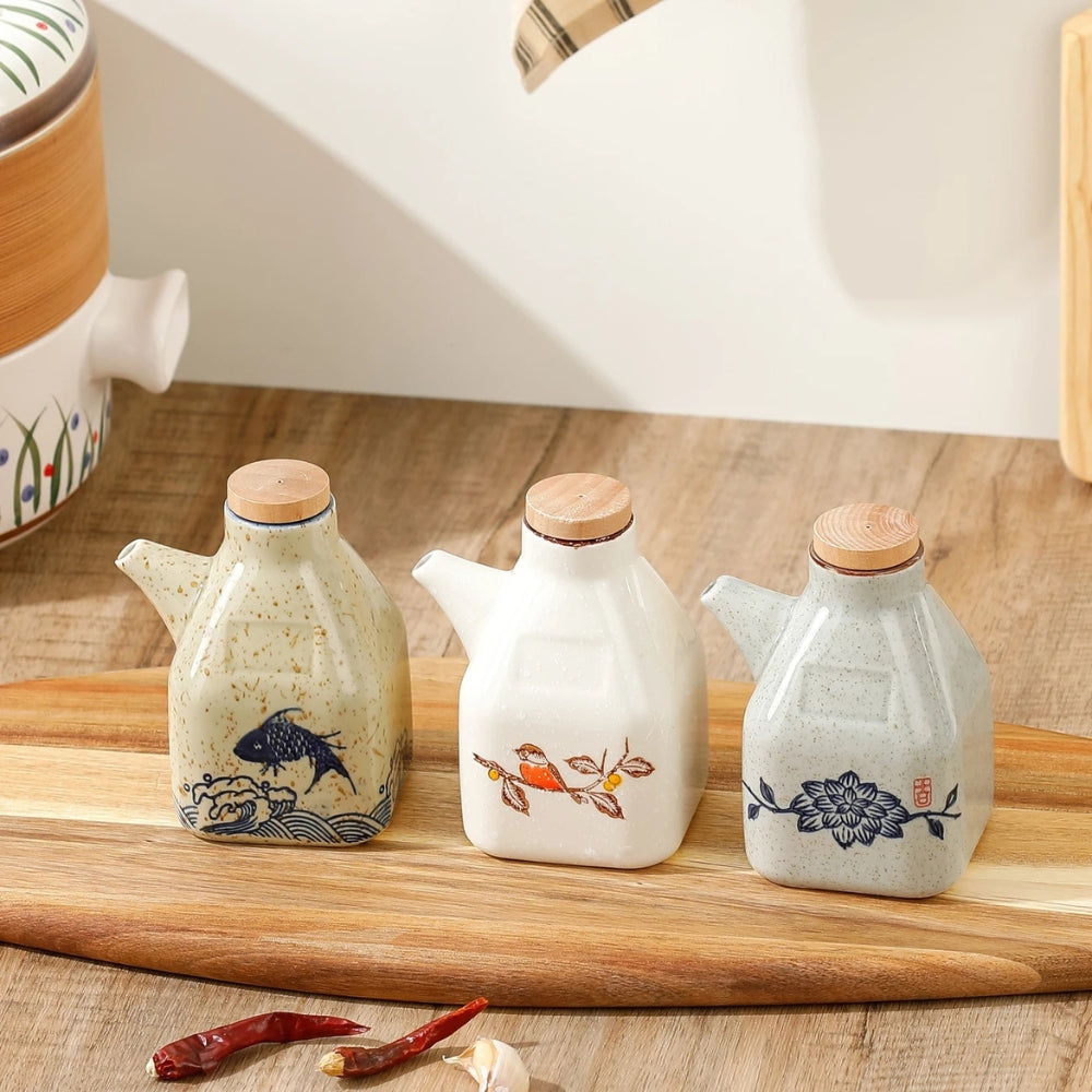 Oil & Sauce Dispenser Hand-Painted Ceramic Drip-Free Spout