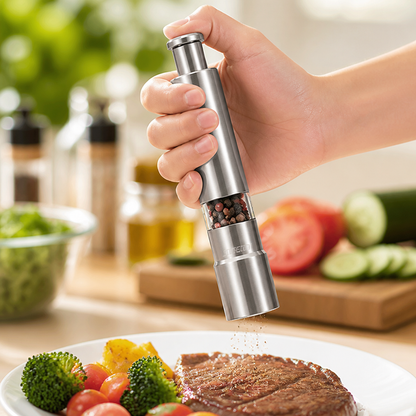 One-Hand Push Stainless Steel Salt & Pepper Grinder (Set of 2)