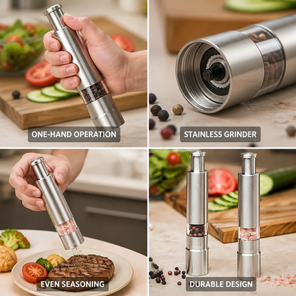 One-Hand Push Stainless Steel Salt & Pepper Grinder (Set of 2)