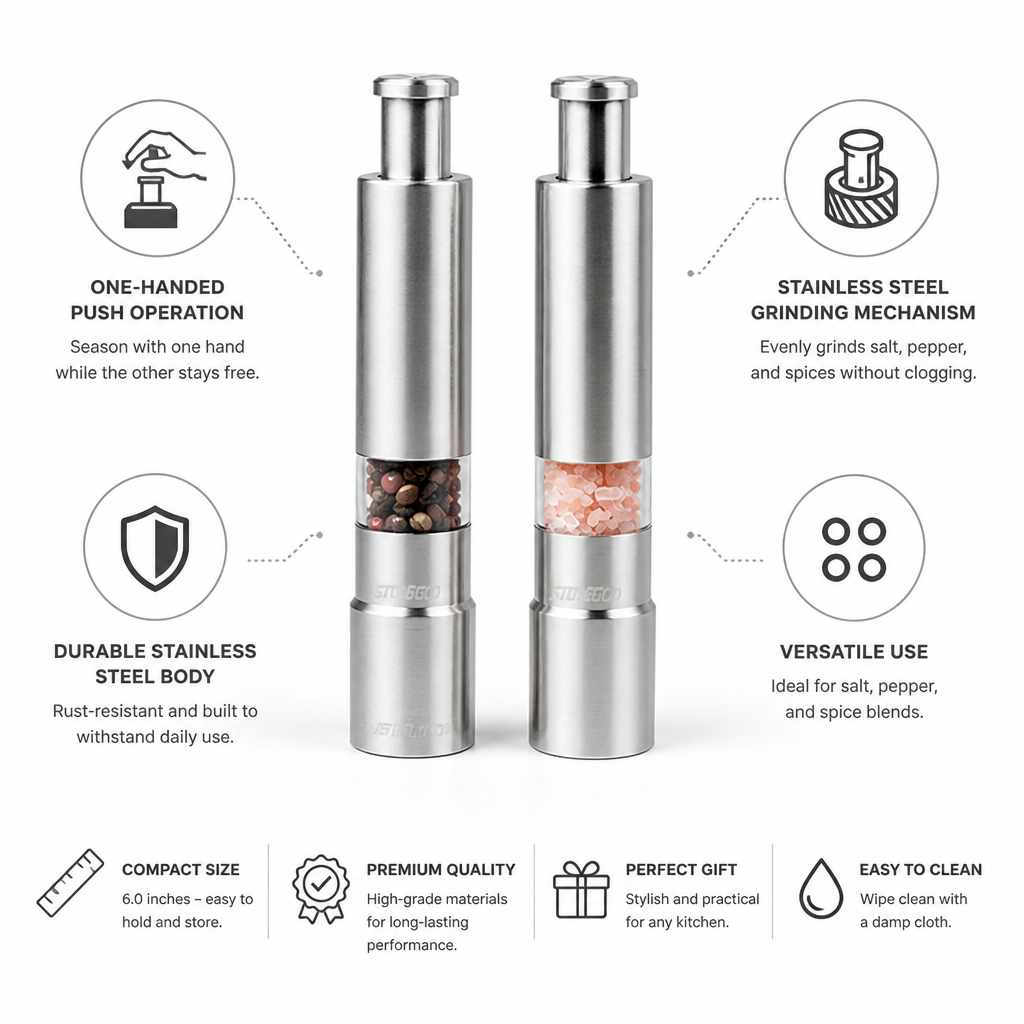 One-Hand Push Stainless Steel Salt & Pepper Grinder (Set of 2)