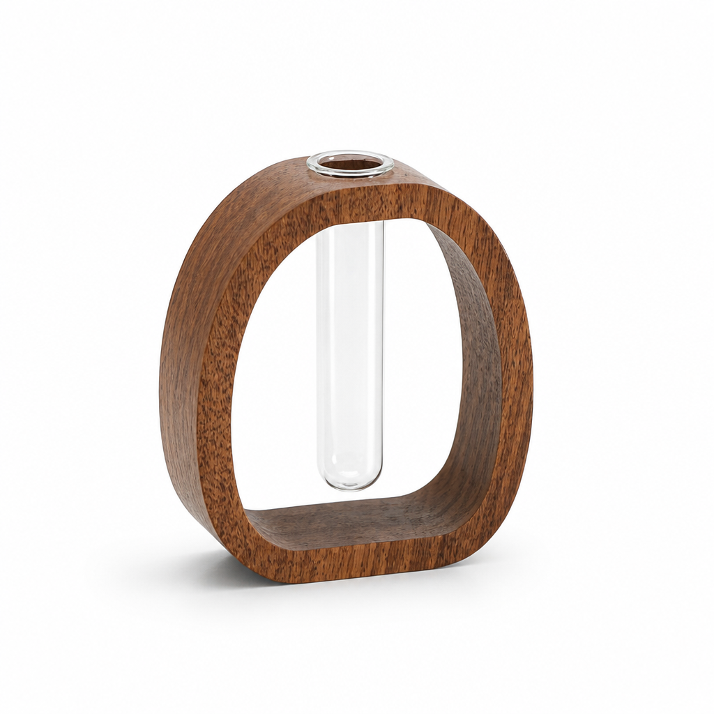 Open-Top Glass Vase with Solid Wood Base