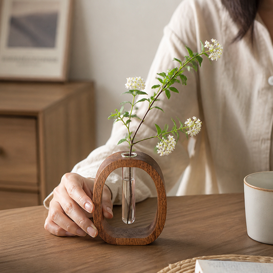 Open-Top Glass Vase with Solid Wood Base