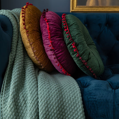 Ottoman Cushion Round Velvet Tufted Pom-Pom Trim