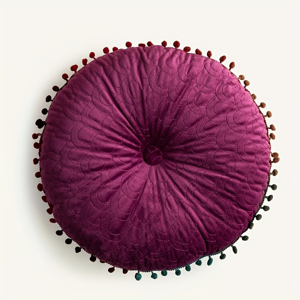 Ottoman Cushion Round Velvet Tufted Pom-Pom Trim