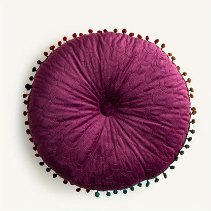 Ottoman Cushion Round Velvet Tufted Pom-Pom Trim