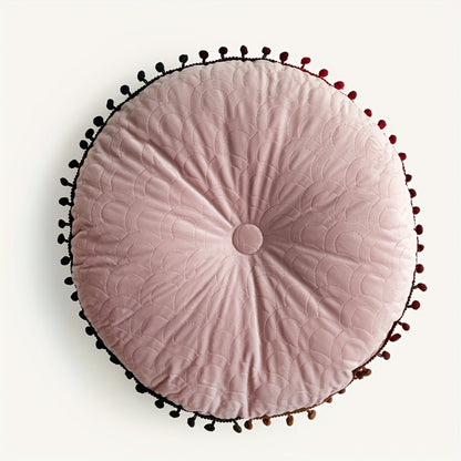 Ottoman Cushion Round Velvet Tufted Pom-Pom Trim