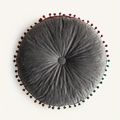 Ottoman Cushion Round Velvet Tufted Pom-Pom Trim
