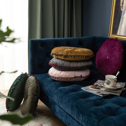 Ottoman Cushion Round Velvet Tufted Pom-Pom Trim