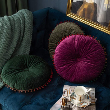 Ottoman Cushion Round Velvet Tufted Pom-Pom Trim