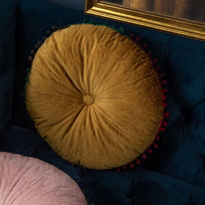 Ottoman Cushion Round Velvet Tufted Pom-Pom Trim