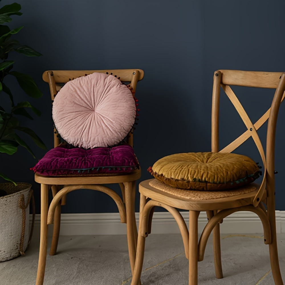 Ottoman Cushion Round Velvet Tufted Pom-Pom Trim