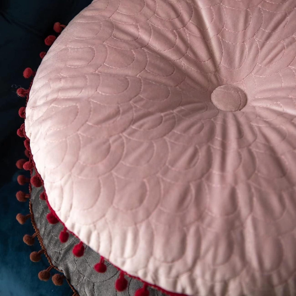 Ottoman Cushion Round Velvet Tufted Pom-Pom Trim